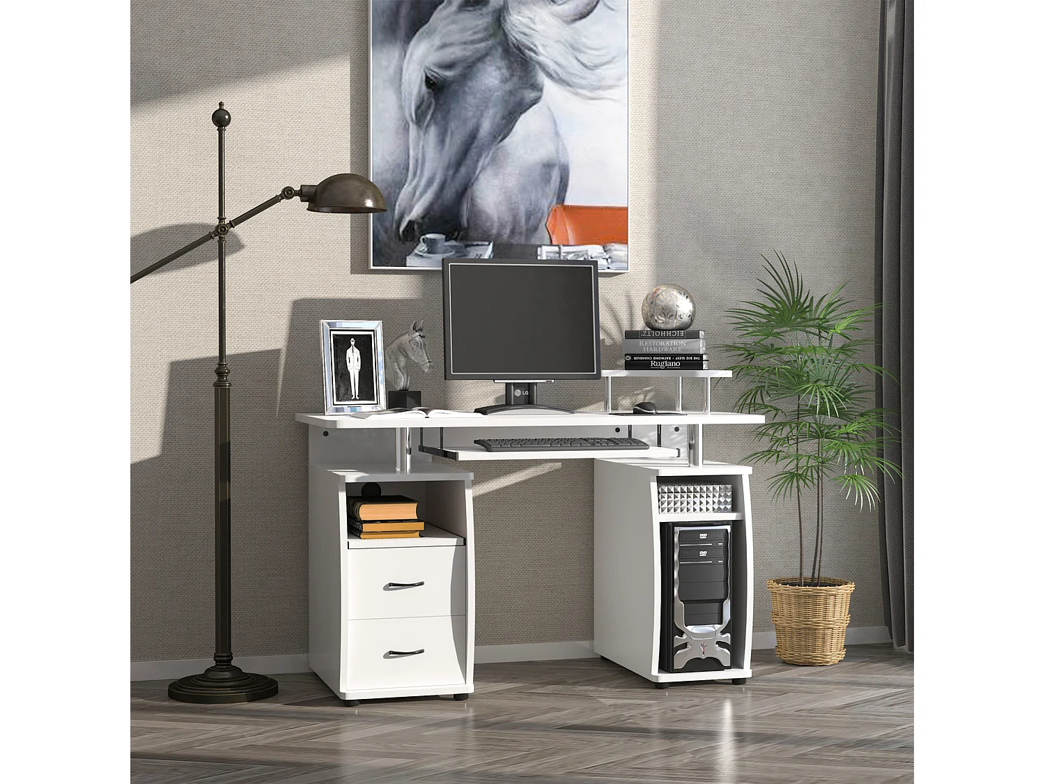 EasyComfort Scrivania per PC con Ripiano per Tastiera e per Monitor e 2 Cassetti, 120x55x85 cm, Bianca