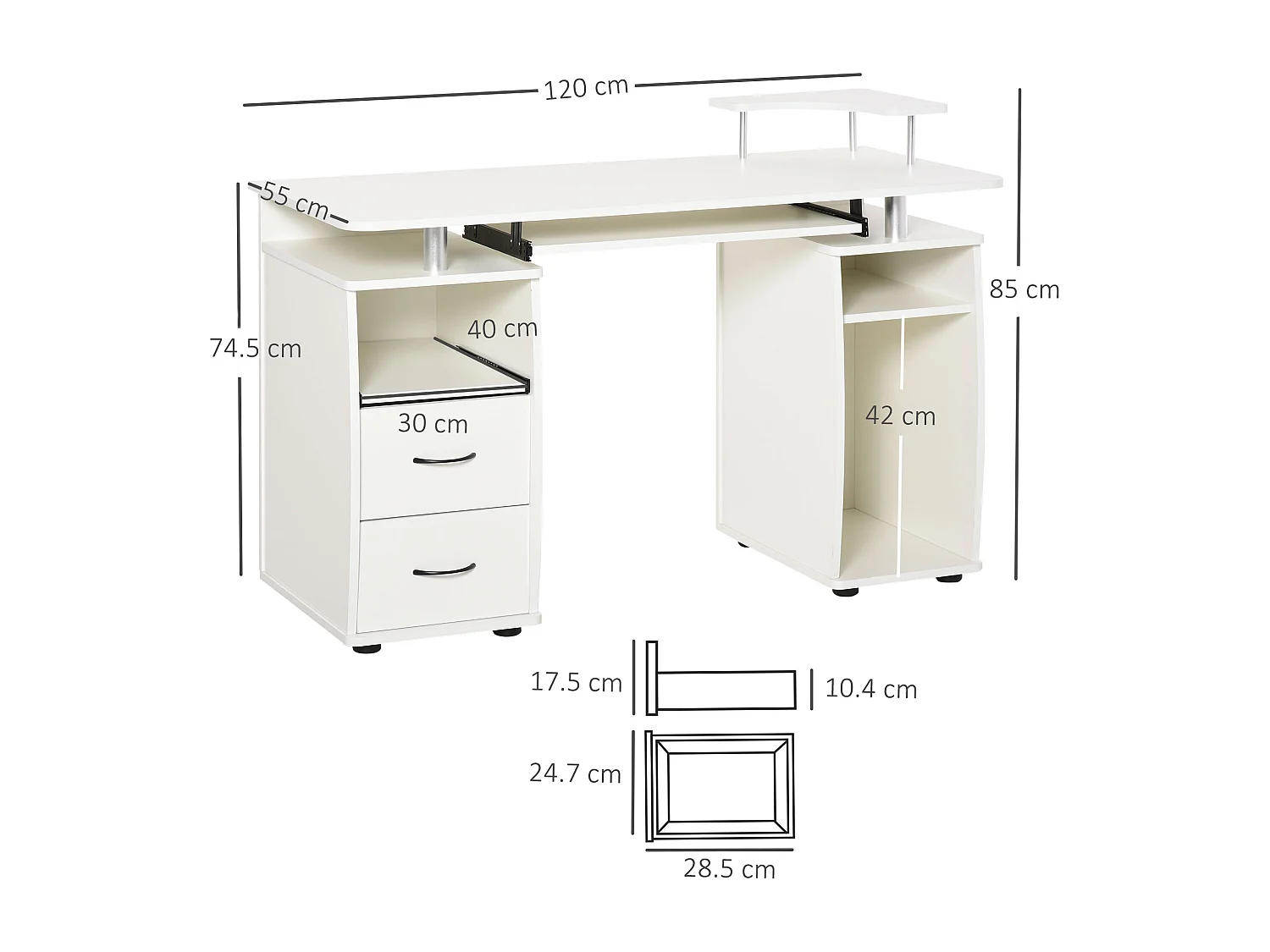 EasyComfort Scrivania per PC con Ripiano per Tastiera e per Monitor e 2 Cassetti, 120x55x85 cm, Bianca