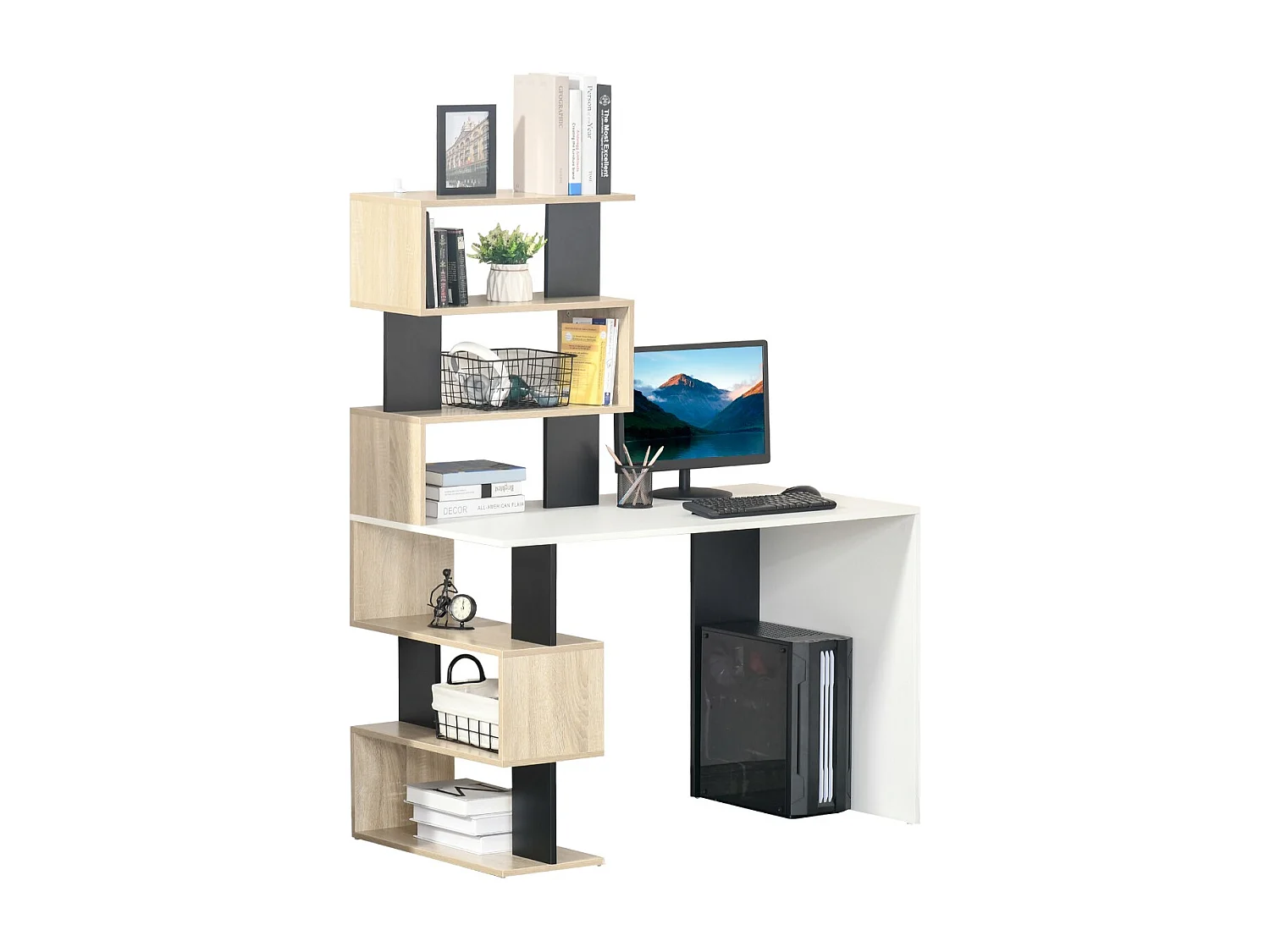 EasyComfort Scrivania con Libreria per Camera, Scrivania Ufficio, Scrivania Porta PC in Legno Multicolore, 120x60x148cm