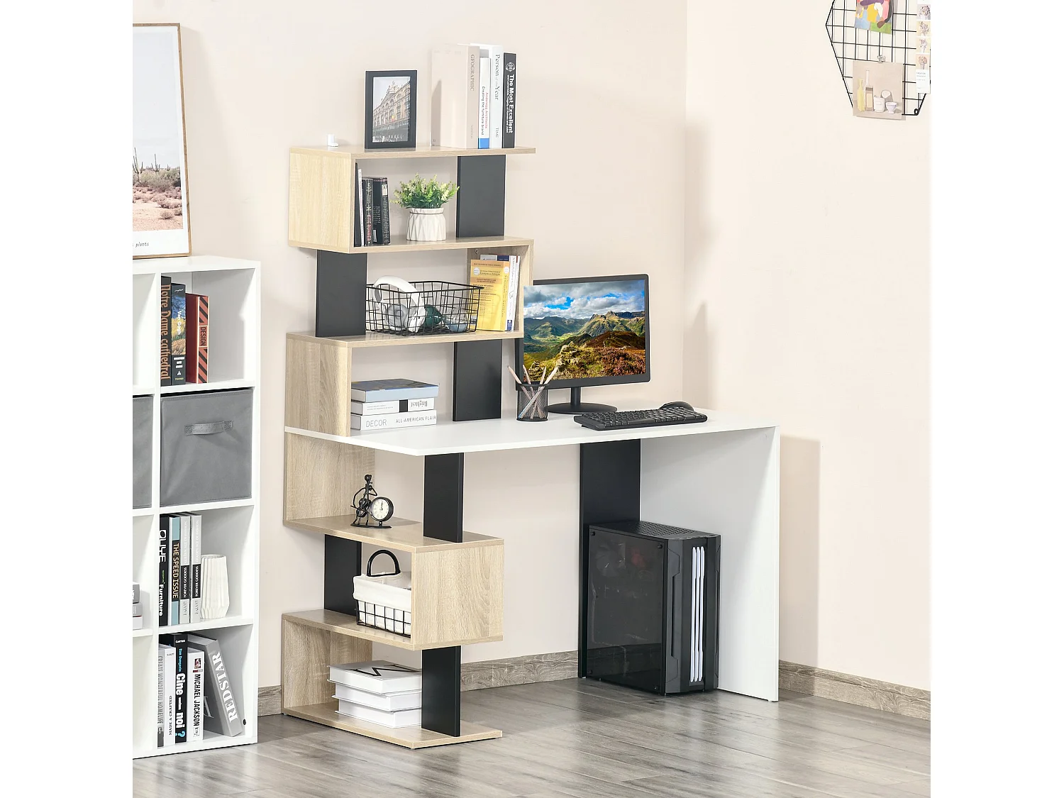 EasyComfort Scrivania con Libreria per Camera, Scrivania Ufficio, Scrivania Porta PC in Legno Multicolore, 120x60x148cm