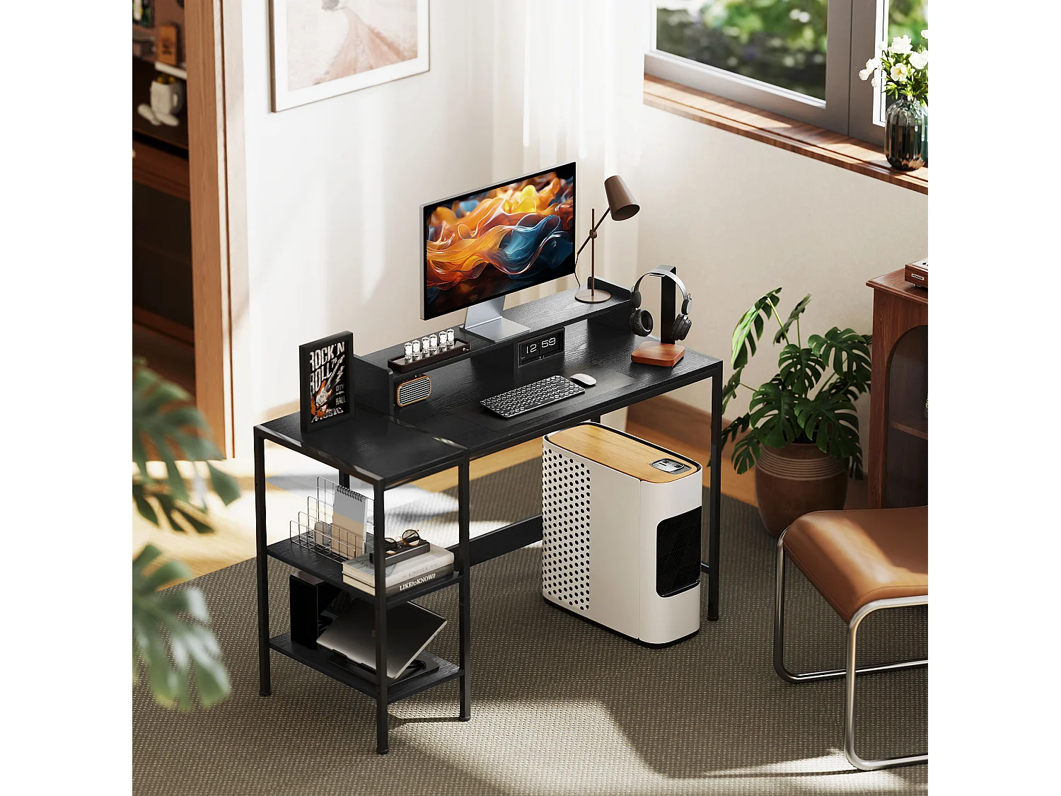 EasyComfort Scrivania PC con Supporto per Monitor e 2 Ripiani Regolabili, in Legno e Acciaio, 120x48x85.5 cm, Nero
