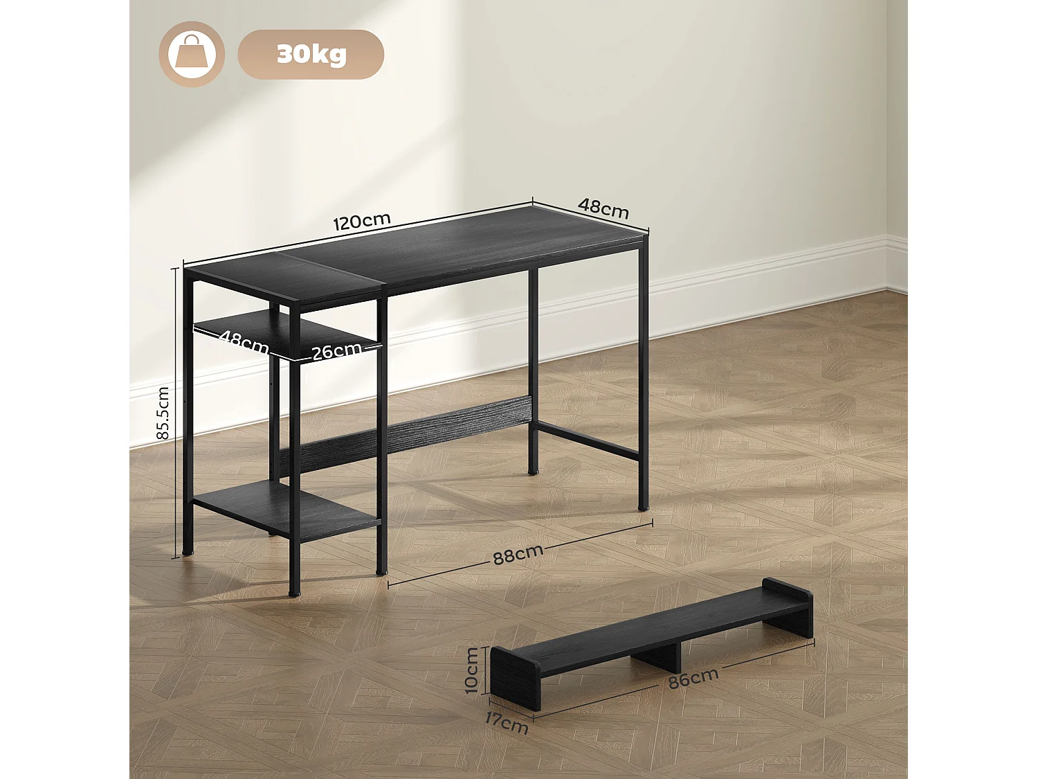 EasyComfort Scrivania PC con Supporto per Monitor e 2 Ripiani Regolabili, in Legno e Acciaio, 120x48x85.5 cm, Nero