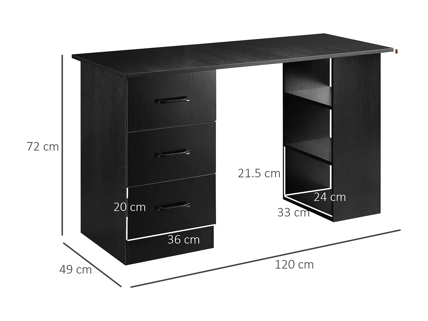 EasyComfort Scrivania Moderna in Legno con 3 Cassetti e 3 Ripiani per Camera e Ufficio, 120x49x72cm, Nero