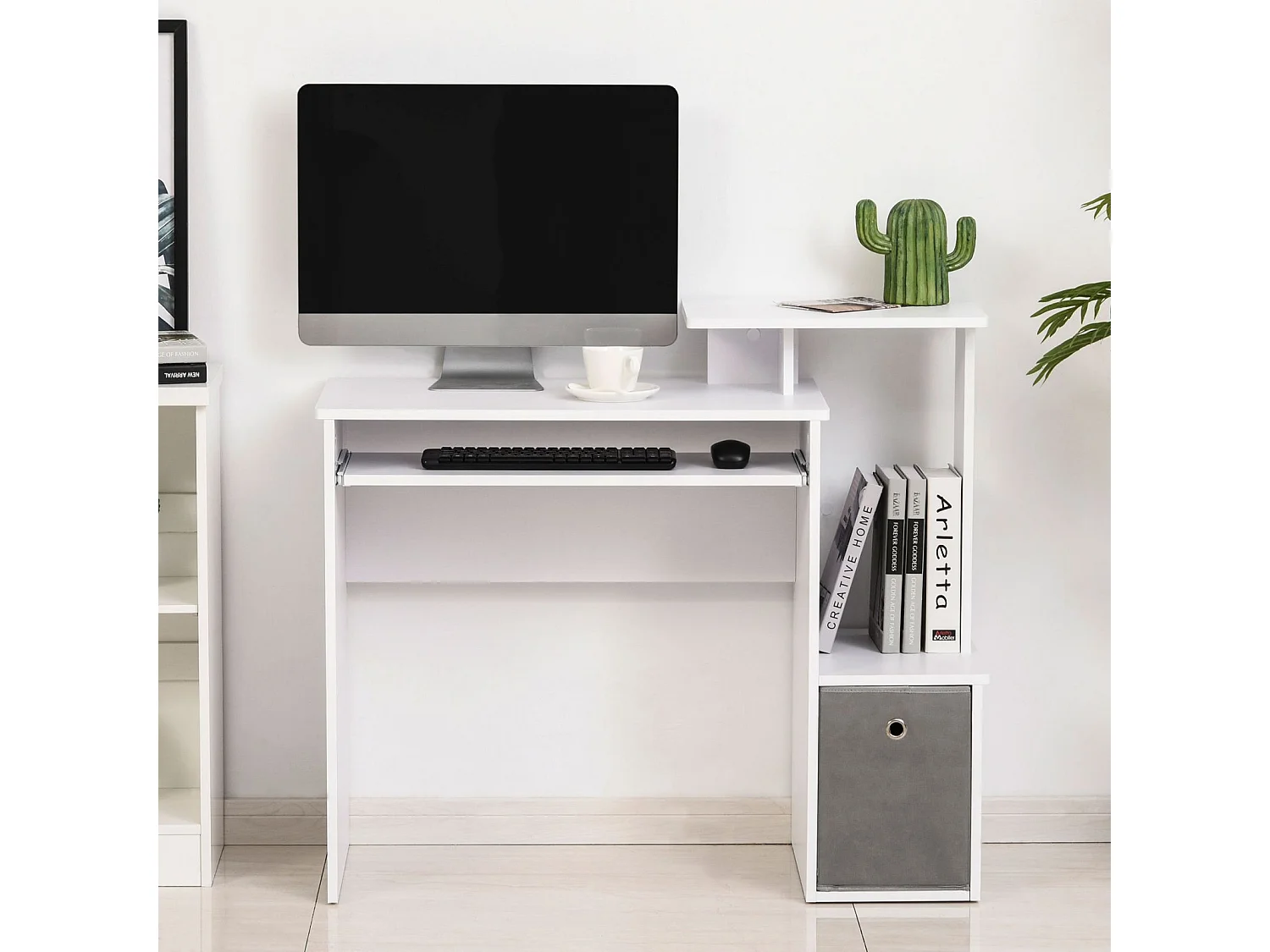 EasyComfort Scrivania Moderna per PC con Mensola Porta Tastiera, Ripiano e Cassetto in Tessuto, in Legno, 100x40x86.6cm, Bianco