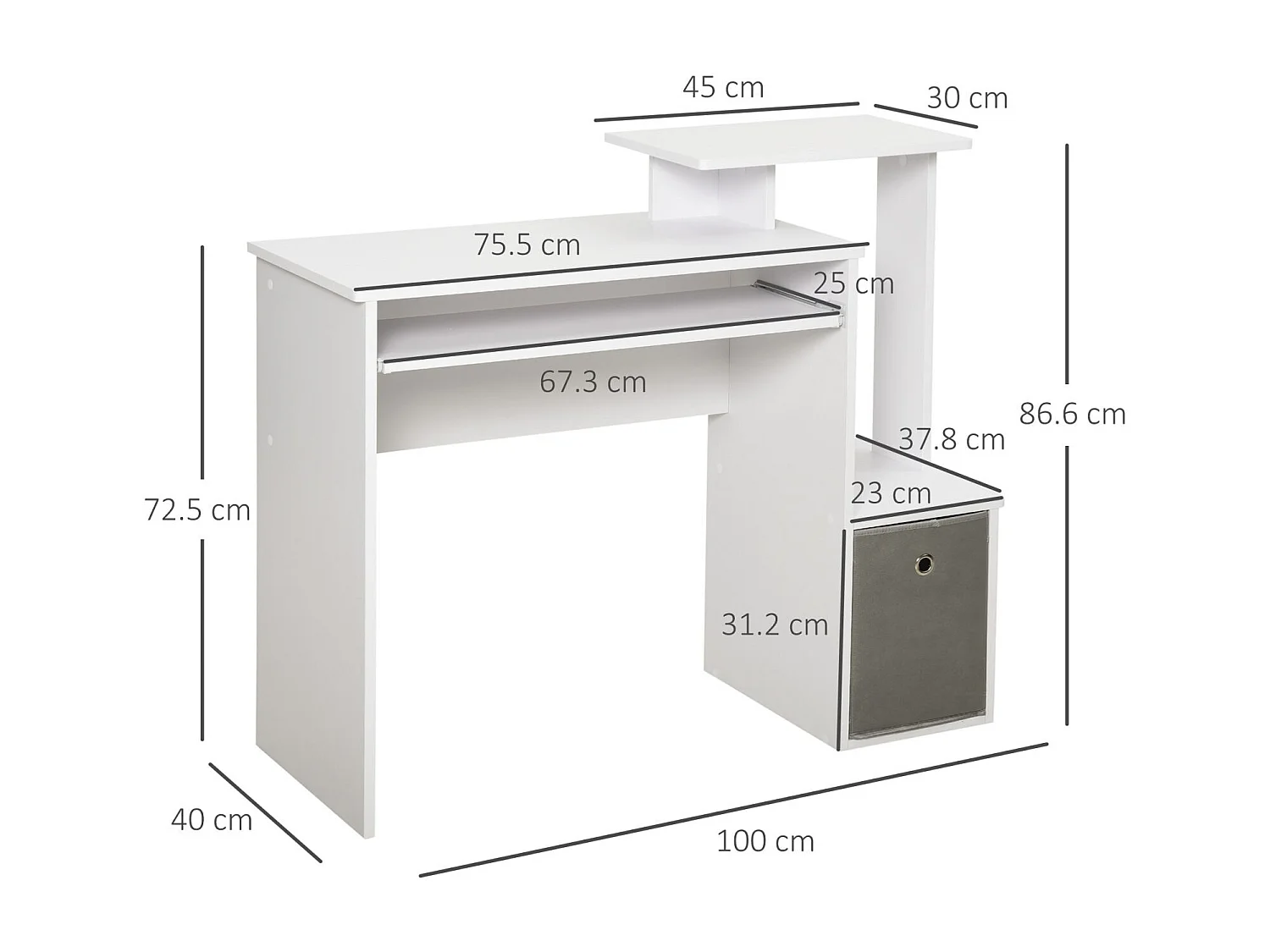 EasyComfort Scrivania Moderna per PC con Mensola Porta Tastiera, Ripiano e Cassetto in Tessuto, in Legno, 100x40x86.6cm, Bianco