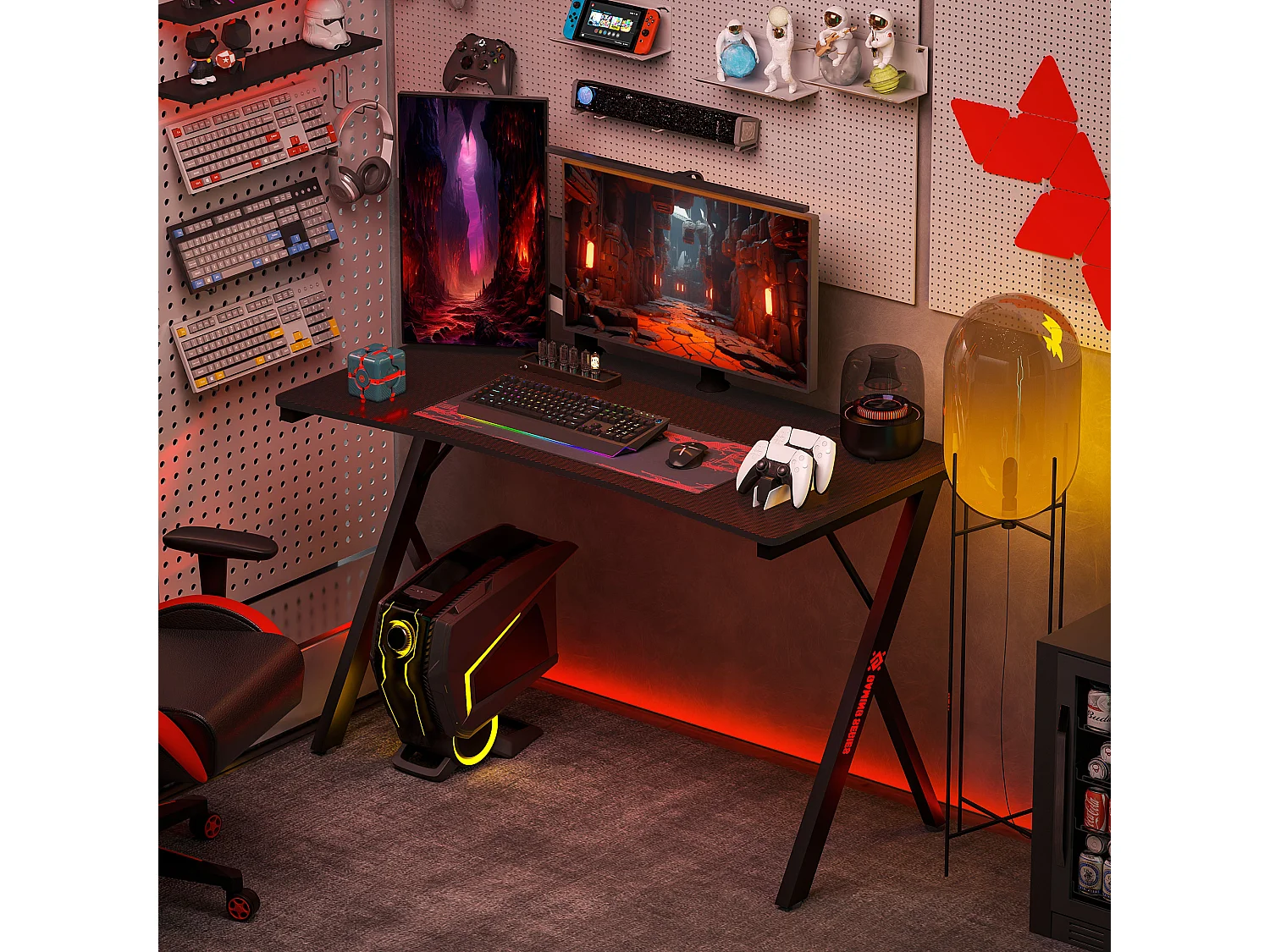 EasyComfort Scrivania Gaming con Luci LED RGB Regolabili e Gambe a K, in Legno e Acciaio, 120x60x75 cm, Nero