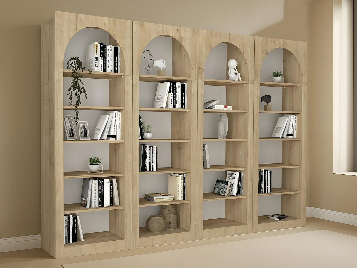 Lot de 4 bibliothèques avec 6 niches - Naturel clair - CYMORA