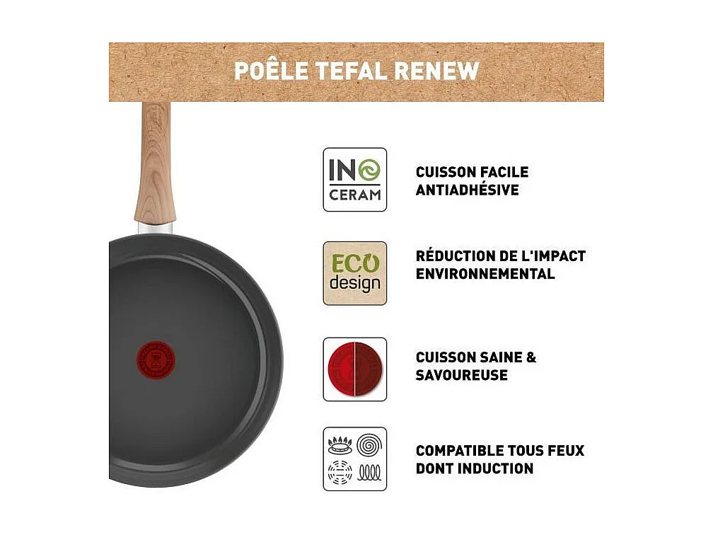 TEFAL Poele 24 cm, Induction, Revetement céramique antiadhésif, Recyclée, Cuisson saine, Fabriqué en France, Renew C4250413