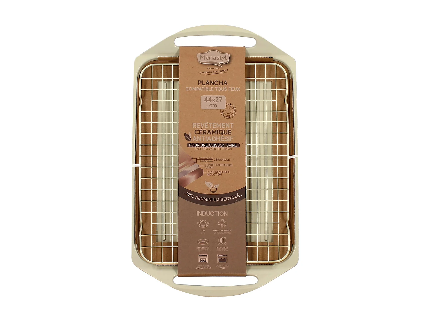Menastyl - Plaque Cuisson 44x27cm En Fonte Aluminium Creme Induction Avec Grille