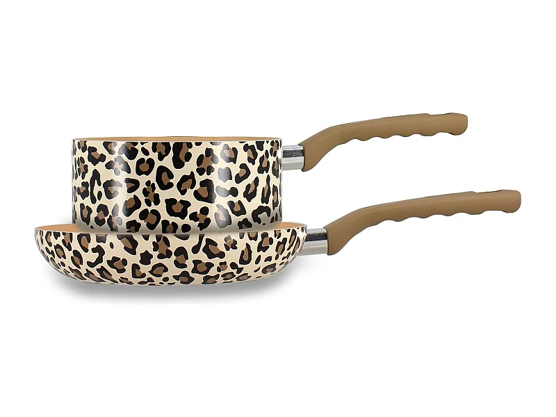 Menastyl - Lot Poele 24cm Et Casserole 18cm Leopard En Alu Revetemen Ceramiq