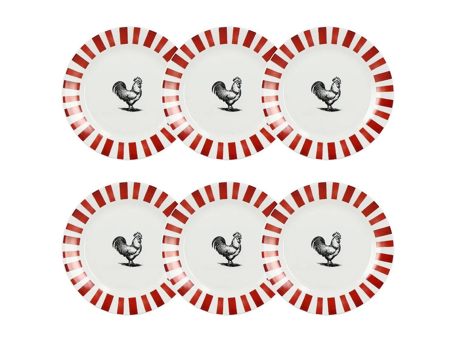 Novastyl - Lot6 Assiettes A Dessert Cocorico 19cm En Porcelaine Rouge Blanc