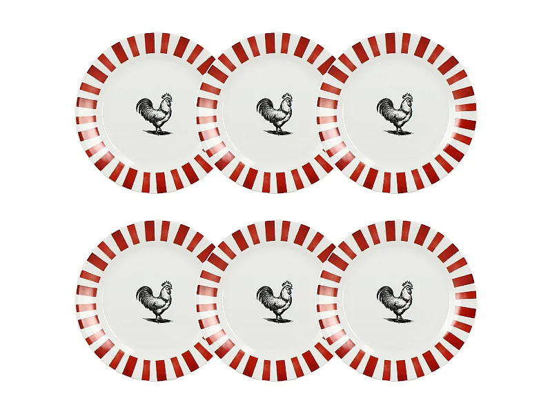 Novastyl - Lot6 Assiettes A Dessert Cocorico 19cm En Porcelaine Rouge Blanc
