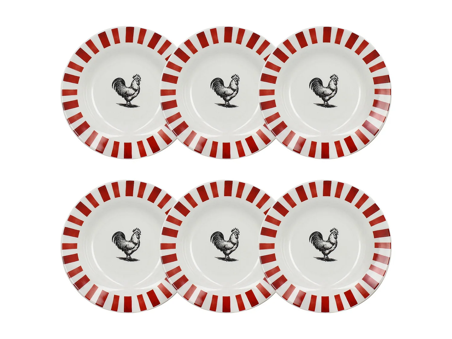 Novastyl - Lot 6 Assiettes Creuses Cocorico 20cm En Porcelain Rouge Et Blanc