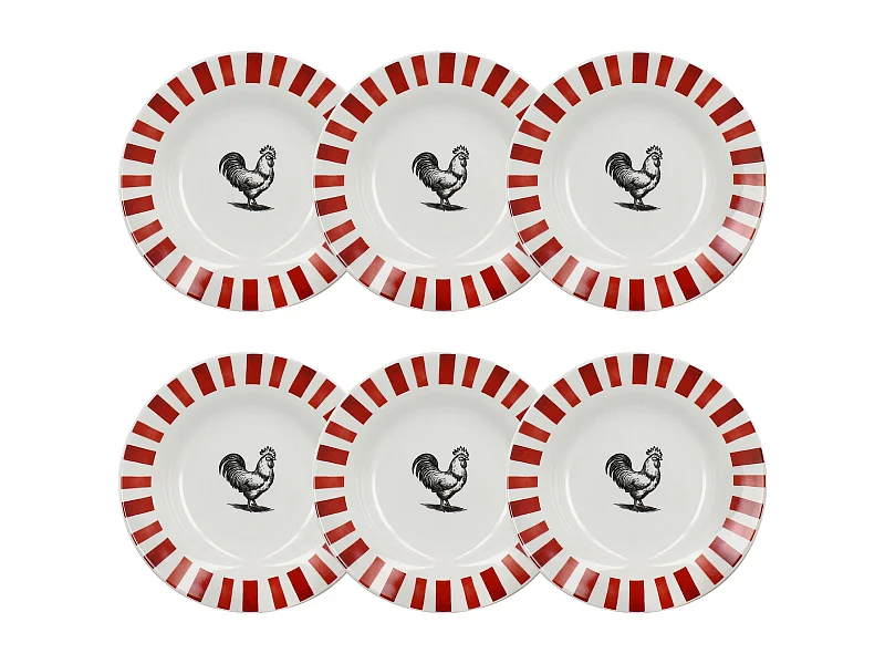 Novastyl - Lot 6 Assiettes Creuses Cocorico 20cm En Porcelain Rouge Et Blanc