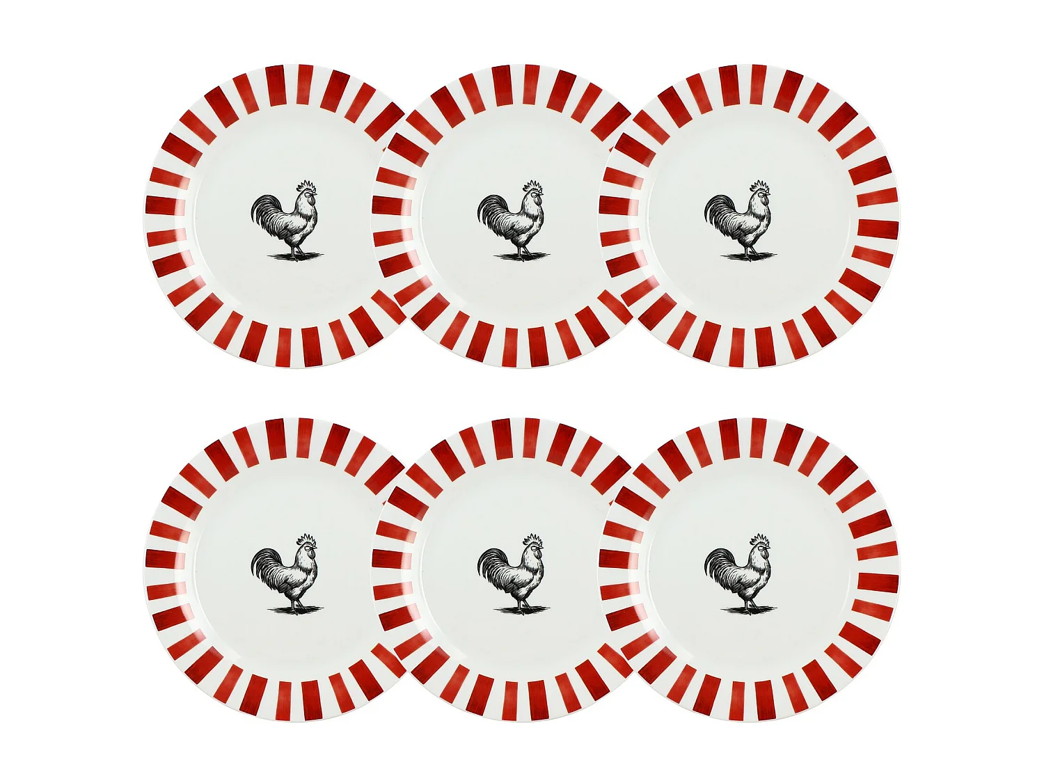 Novastyl - Lot 6 Assiettes Plates Cocorico 26.5cm En Porcelain Rouge Et Blanc