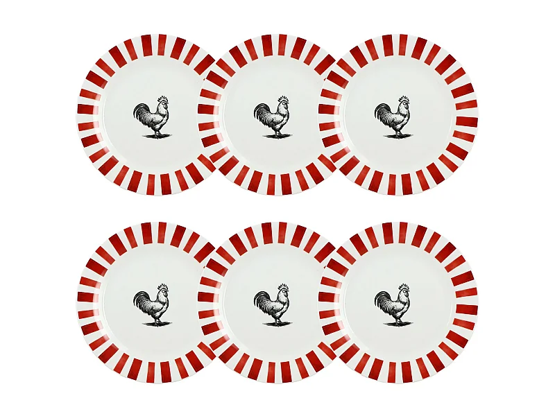 Novastyl - Lot 6 Assiettes Plates Cocorico 26.5cm En Porcelain Rouge Et Blanc