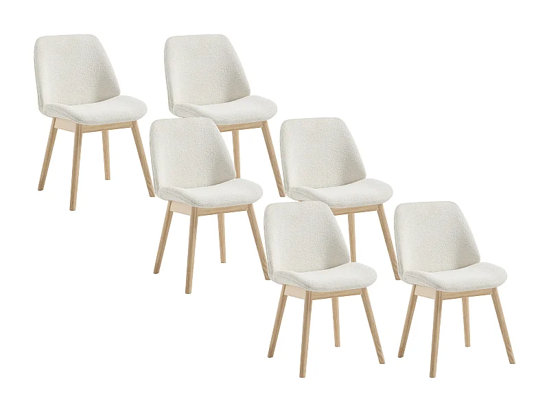 Lot de 6 chaises en tissu texturé et bois d'hévéa - Crème  - LEYADA
