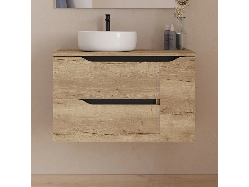 Meuble de salle de bain 80cm avec plateau et vasque à poser à gauche Ares - sans miroir - 2 tiroirs et un placard - madera miel (bois clair) - ZARZA