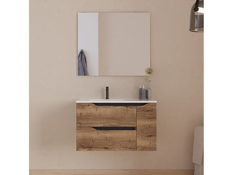 Meuble de salle de bain 80cm avec vasque déportée à gauche - sans miroir - 2 tiroirs et un placard - tabaco (bois foncé) - ZARZA