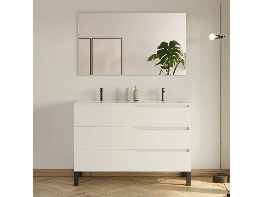 Meuble de salle de bain 120cm avec double vasque - 3 tiroirs et colonne de rangement - blanc mat - MATA