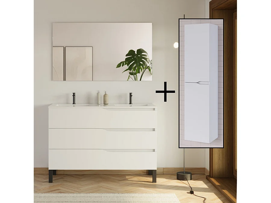 Meuble de salle de bain 120cm avec double vasque - 3 tiroirs et colonne de rangement - blanc mat - MATA