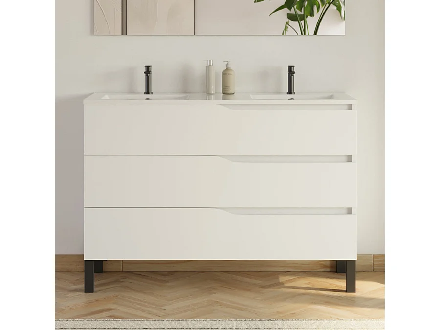 Meuble de salle de bain 120cm avec double vasque - 3 tiroirs et colonne de rangement - blanc mat - MATA