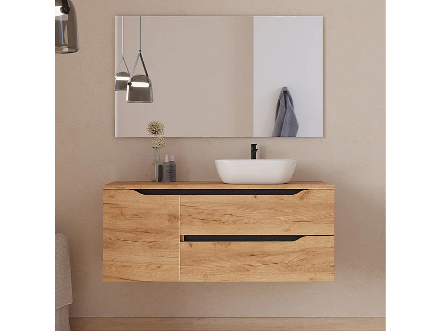 Meuble de salle de bain 120cm avec plateau, vasque à poser déportée à droite Zeus et miroir - 2 tiroirs et un placard - roble (chêne clair) - ZARZA