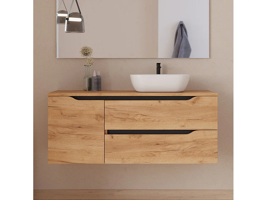 Meuble de salle de bain 120cm avec plateau, vasque à poser déportée à droite Zeus et miroir - 2 tiroirs et un placard - roble (chêne clair) - ZARZA