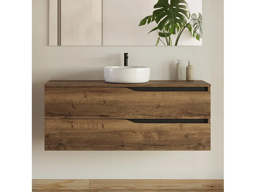 Meuble de salle de bain 120cm avec plateau et vasque ronde Ares - 2 tiroirs et colonne de rangement - tabaco (chêne foncé) - LUNA
