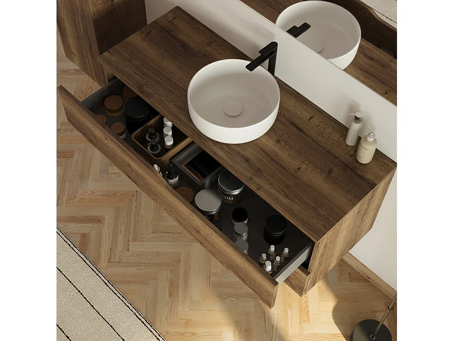 Meuble de salle de bain 120cm avec plateau et vasque ronde Ares - 2 tiroirs et colonne de rangement - tabaco (chêne foncé) - LUNA