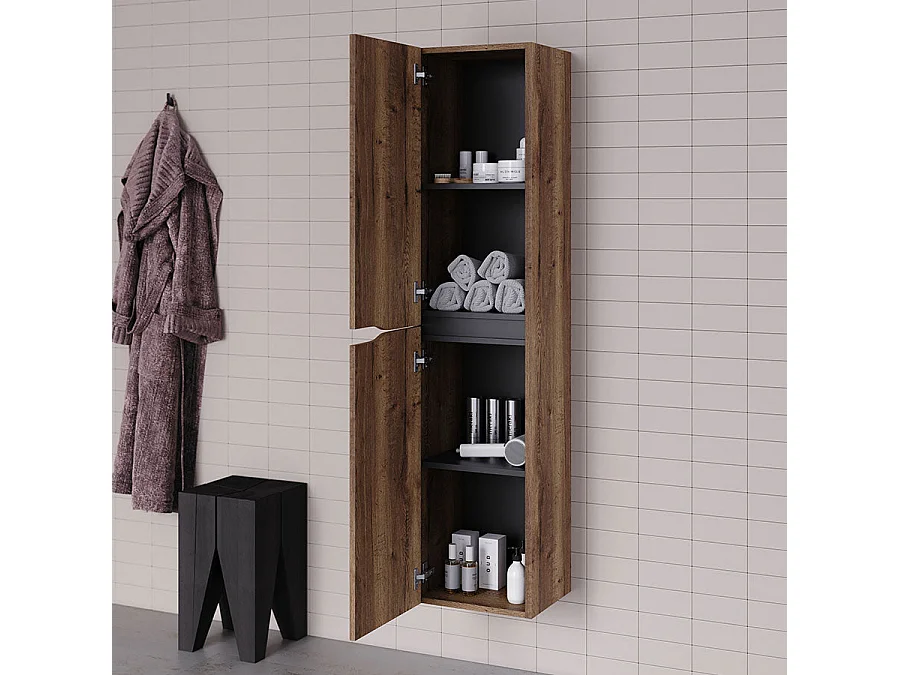 Meuble de salle de bain 120cm avec plateau et vasque ronde Ares - 2 tiroirs et colonne de rangement - tabaco (chêne foncé) - LUNA