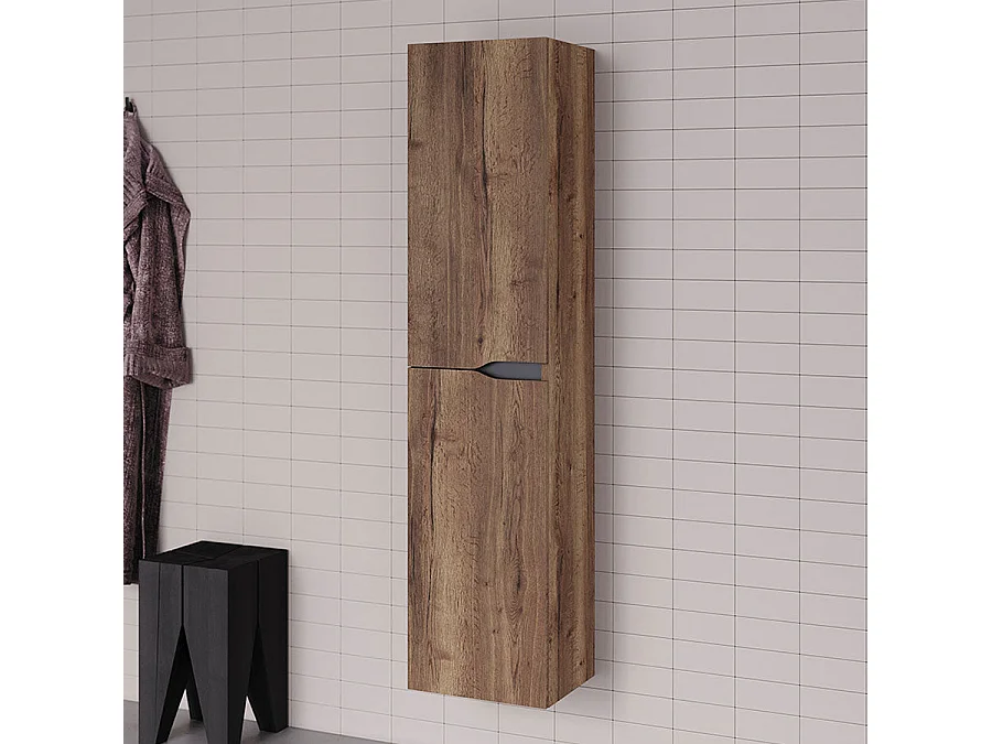 Meuble de salle de bain 120cm avec plateau et vasque ronde Ares - 2 tiroirs et colonne de rangement - tabaco (chêne foncé) - LUNA