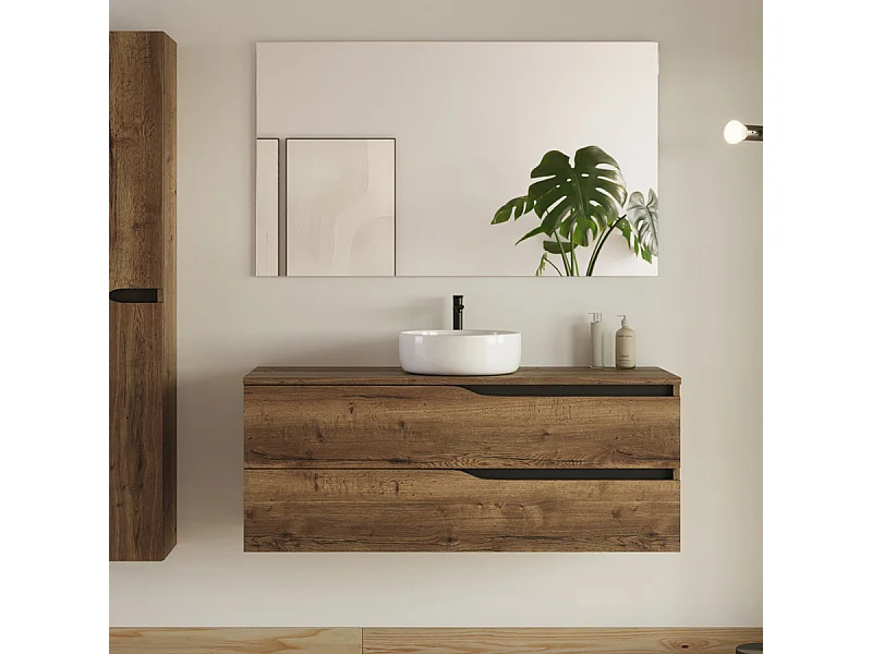 Meuble de salle de bain 120cm avec plateau et vasque ronde Ares - 2 tiroirs et colonne de rangement - tabaco (chêne foncé) - LUNA