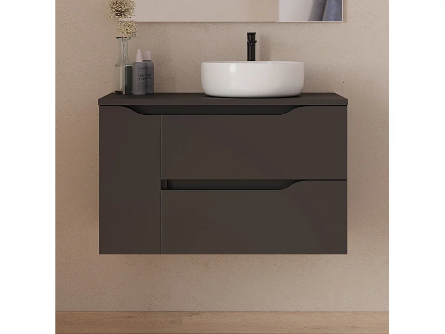 Meuble de salle de bain 80cm avec plateau et vasque à poser à droite Ares - sans miroir - 2 tiroirs et un placard - noir - ZARZA