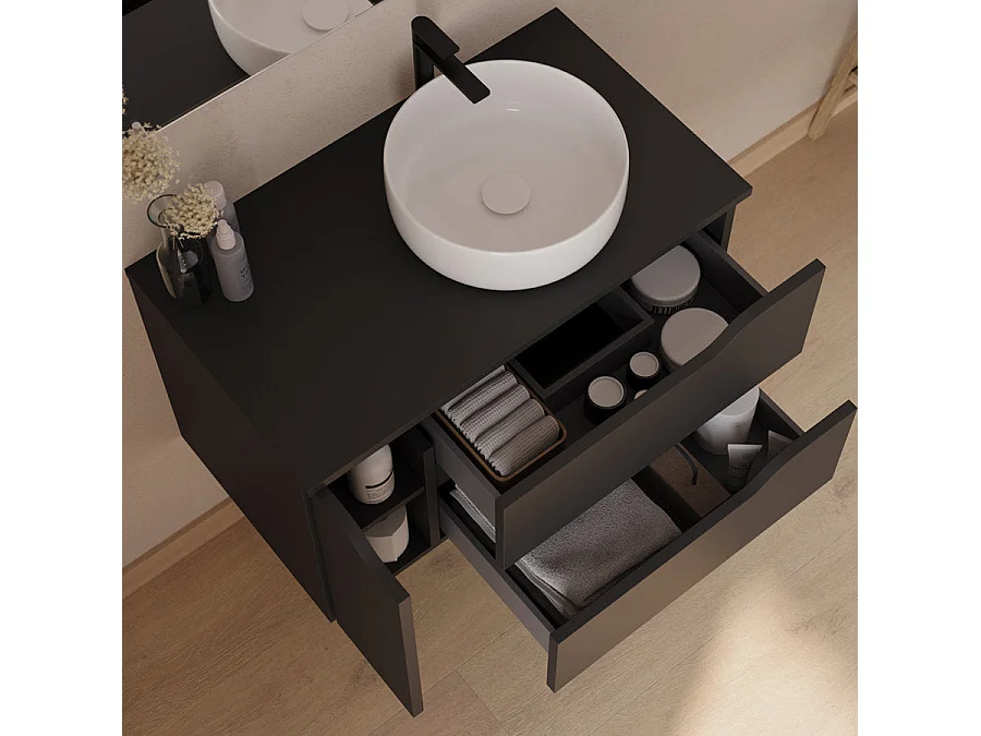 Meuble de salle de bain 80cm avec plateau et vasque à poser à droite Ares - sans miroir - 2 tiroirs et un placard - noir - ZARZA