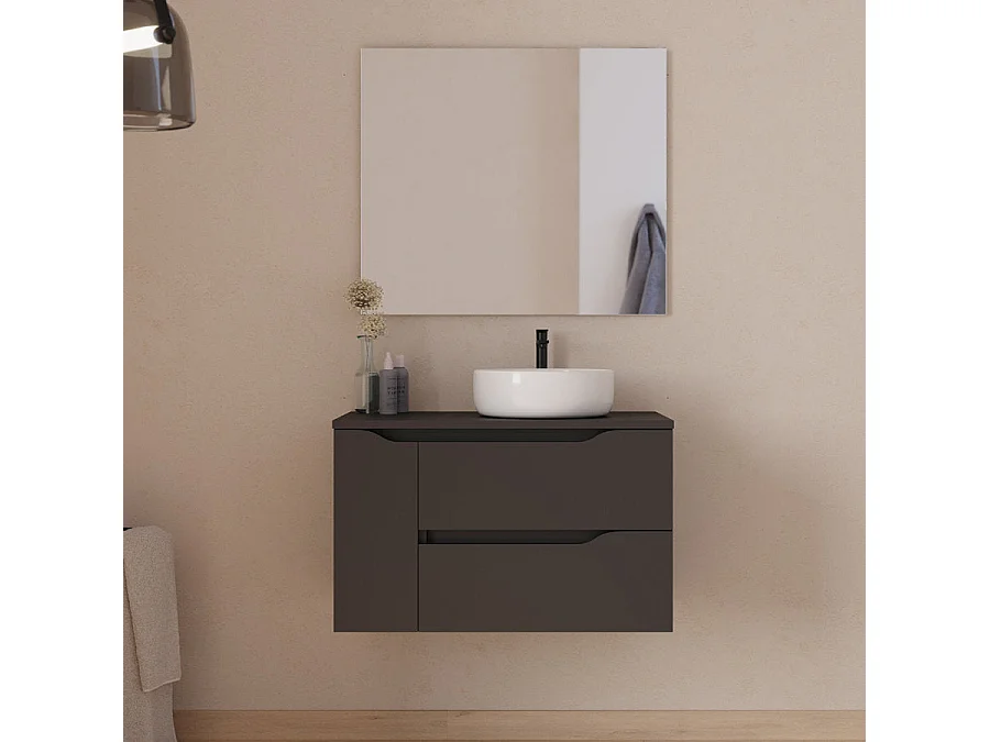 Meuble de salle de bain 80cm avec plateau et vasque à poser à droite Ares - sans miroir - 2 tiroirs et un placard - noir - ZARZA