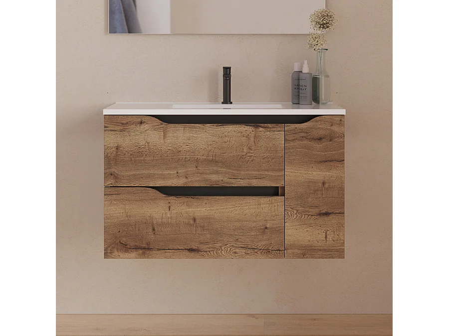 Meuble de salle de bain 80cm avec vasque centrée - sans miroir - 2 tiroirs et un placard - tabaco (bois foncé) - ZARZA