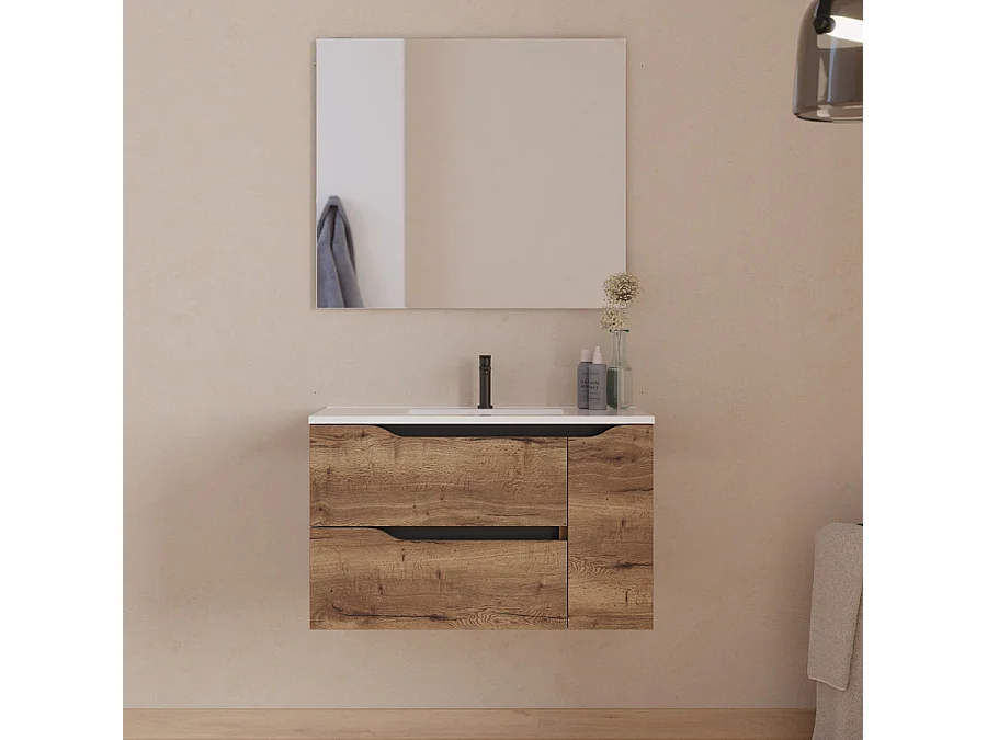 Meuble de salle de bain 80cm avec vasque centrée - sans miroir - 2 tiroirs et un placard - tabaco (bois foncé) - ZARZA