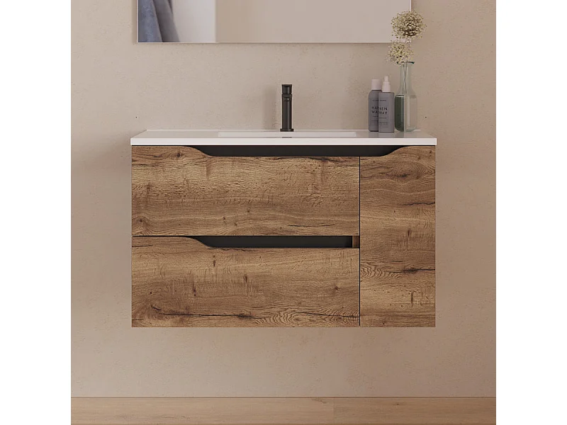 Meuble de salle de bain 80cm avec vasque centrée - sans miroir - 2 tiroirs et un placard - tabaco (bois foncé) - ZARZA