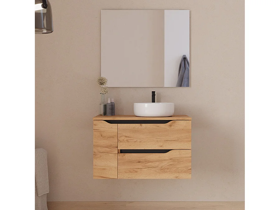 Meuble de salle de bain 80cm avec plateau, vasque à poser déportée à droite Ares et miroir - 2 tiroirs et un placard - roble (chêne clair) - ZARZA