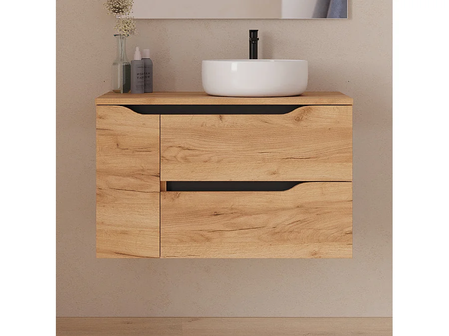 Meuble de salle de bain 80cm avec plateau, vasque à poser déportée à droite Ares et miroir - 2 tiroirs et un placard - roble (chêne clair) - ZARZA
