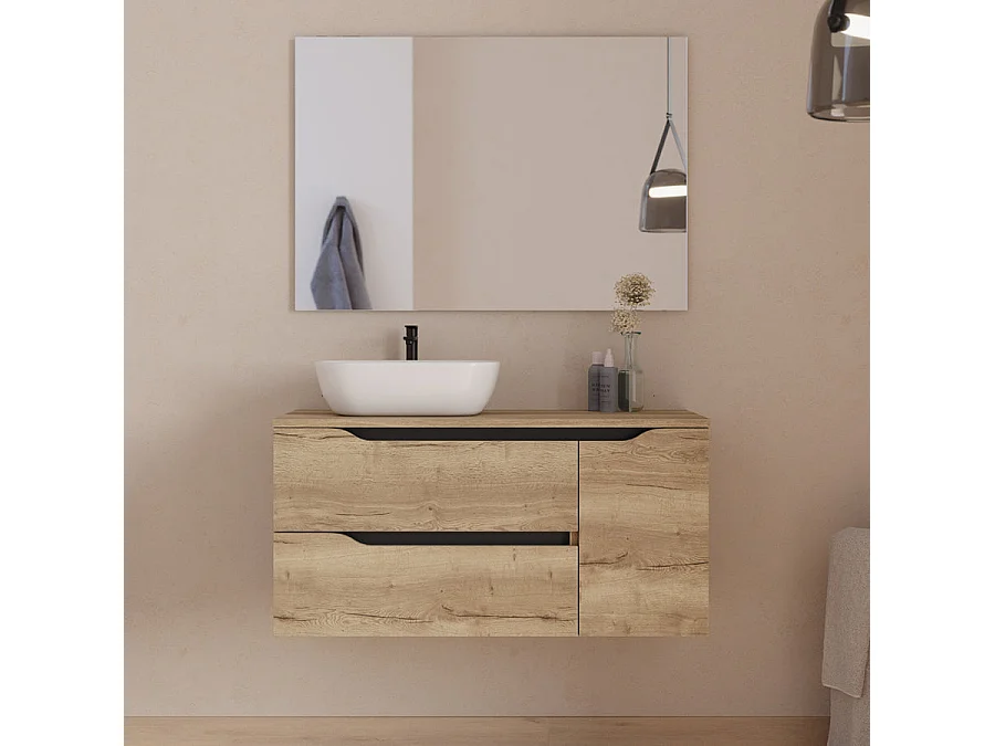 Meuble de salle de bain 100cm avec plateau, vasque à poser déportée à gauche Zeus et miroir - 2 tiroirs et un placard - madera miel (bois clair) - ZARZA
