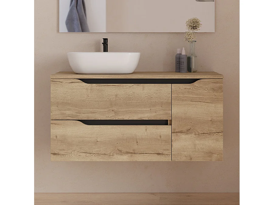 Meuble de salle de bain 100cm avec plateau, vasque à poser déportée à gauche Zeus et miroir - 2 tiroirs et un placard - madera miel (bois clair) - ZARZA