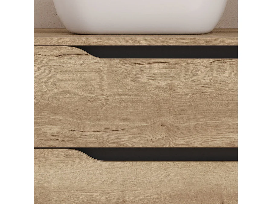 Meuble de salle de bain 100cm avec plateau, vasque à poser déportée à gauche Zeus et miroir - 2 tiroirs et un placard - madera miel (bois clair) - ZARZA