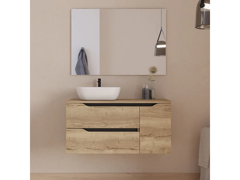 Meuble de salle de bain 100cm avec plateau, vasque à poser déportée à gauche Zeus et miroir - 2 tiroirs et un placard - madera miel (bois clair) - ZARZA
