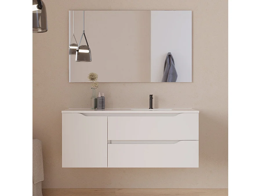Meuble de salle de bain 120cm avec vasque déportée à droite et miroir - 2 tiroirs et un placard - blanc - ZARZA