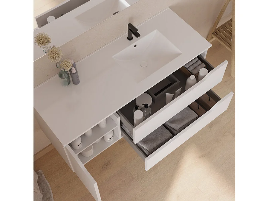 Meuble de salle de bain 120cm avec vasque déportée à droite et miroir - 2 tiroirs et un placard - blanc - ZARZA