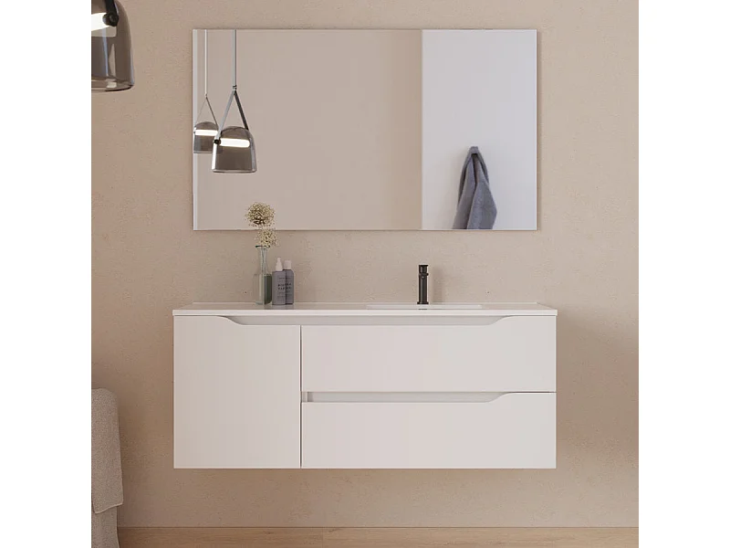 Meuble de salle de bain 120cm avec vasque déportée à droite et miroir - 2 tiroirs et un placard - blanc - ZARZA