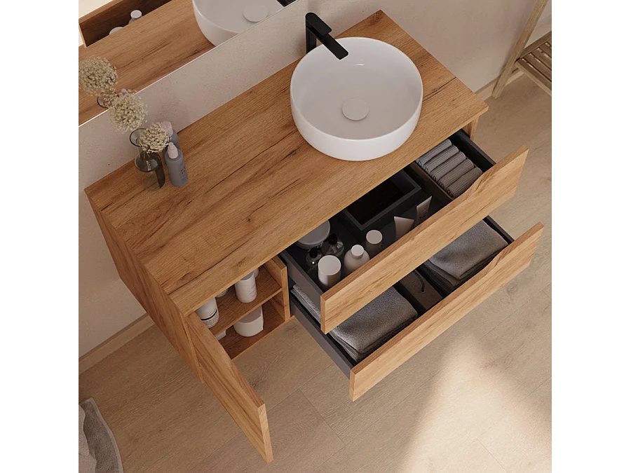 Meuble de salle de bain 100cm avec plateau et vasque à poser à droite Ares - sans miroir - 2 tiroirs et un placard - roble (chêne clair) - ZARZA