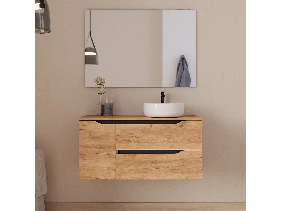Meuble de salle de bain 100cm avec plateau et vasque à poser à droite Ares - sans miroir - 2 tiroirs et un placard - roble (chêne clair) - ZARZA